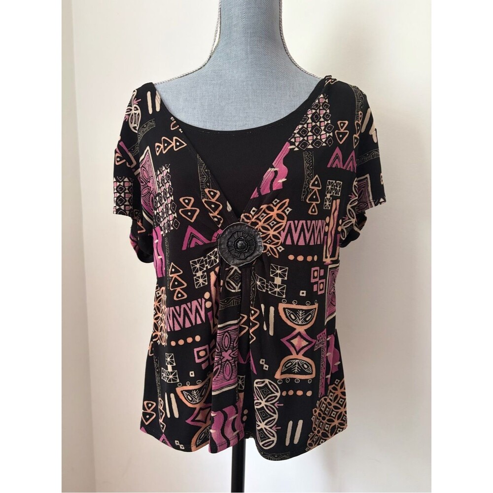 Vintage Black Multi-Pattern Slinky Layered V-Neck Top with Front Brooch